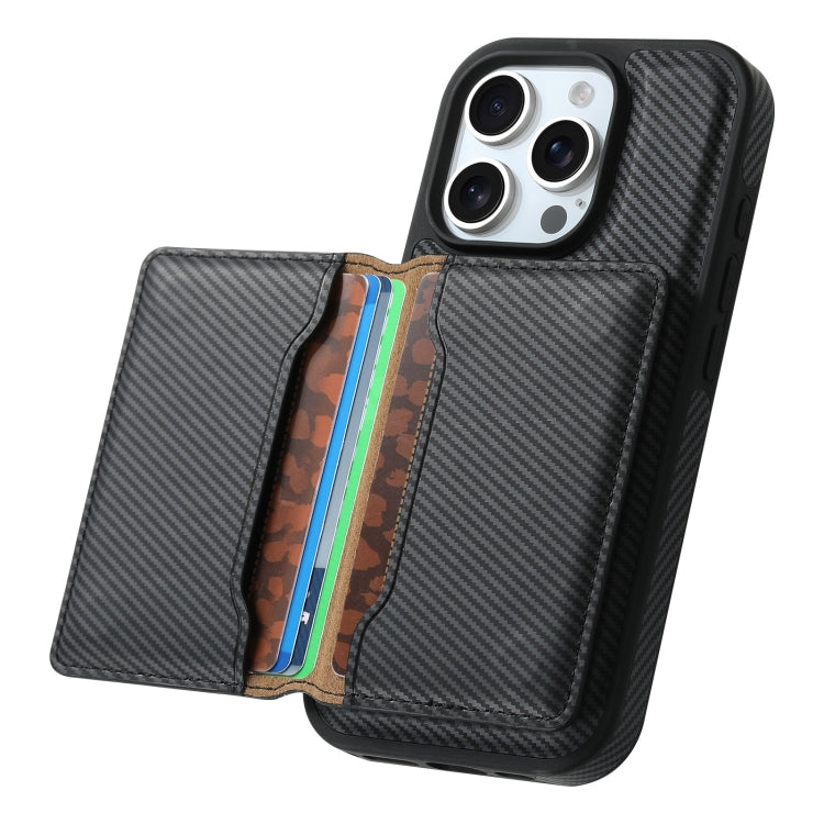 Denior Carbon Fiber Texture Leather Card Bag MagSafe Phone Case, For iPhone 16 Pro Max, For iPhone 16 Pro, For iPhone 16 Plus, For iPhone 16