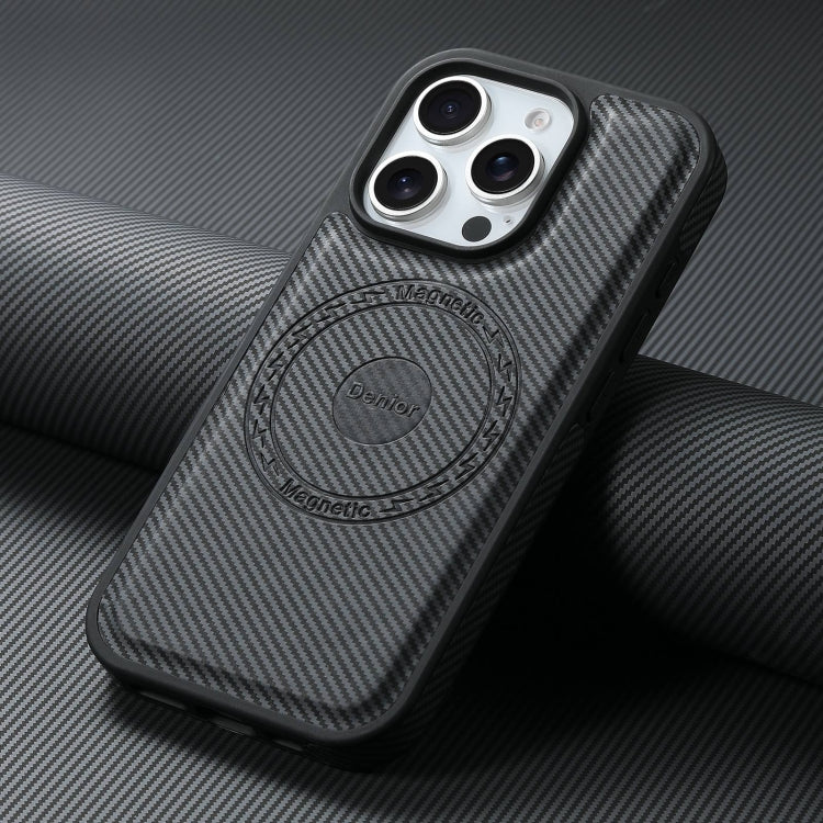 Denior Carbon Fiber Texture Leather MagSafe Phone Case, For iPhone 16 Pro Max, For iPhone 16 Pro, For iPhone 16 Plus, For iPhone 16