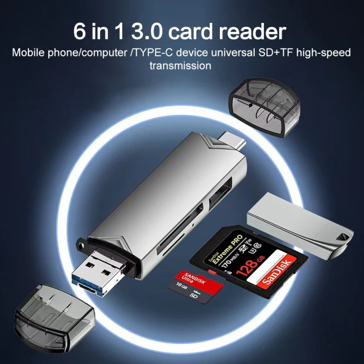 6 in 1 USB3.0, Micro USB, Type-C to SD, TF Card, U Disk Multifunctional Card Reader Adapter, 6 in 1 Card Reader