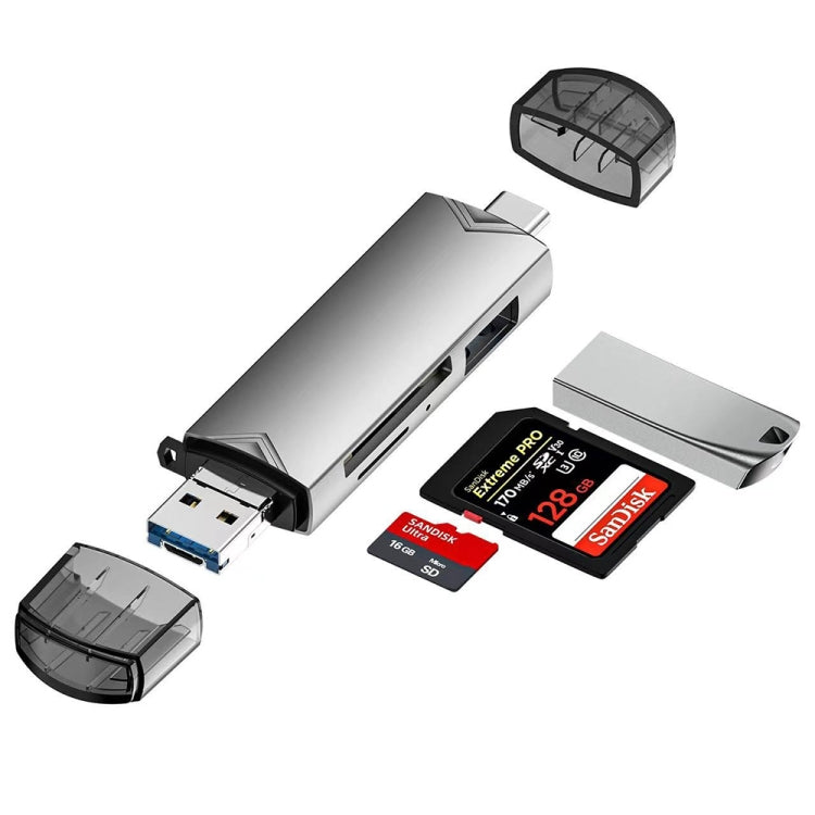 6 in 1 USB3.0, Micro USB, Type-C to SD, TF Card, U Disk Multifunctional Card Reader Adapter, 6 in 1 Card Reader