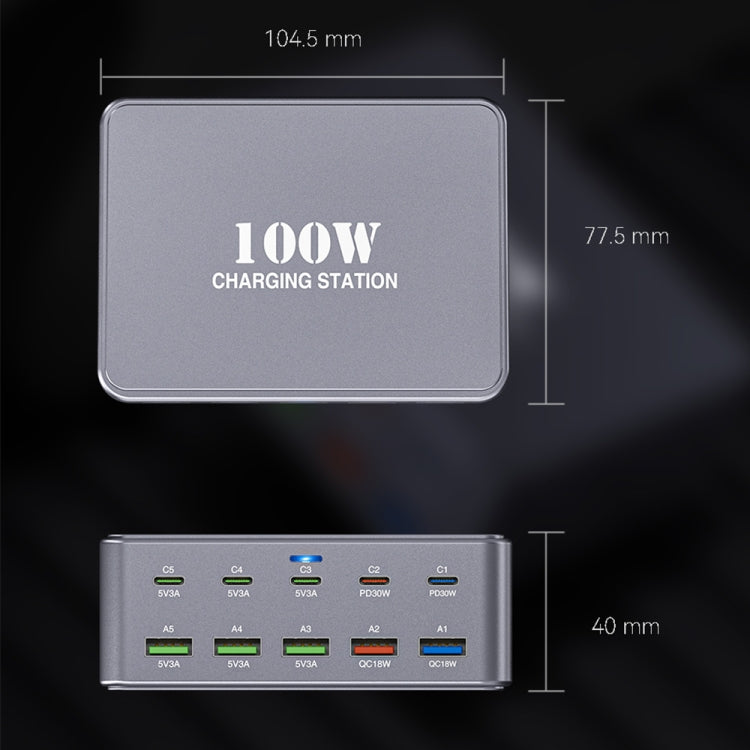 HW33 100W Type-C + USB 10-Port Desktop Fast Charger, US Plug, UK Plug, EU Plug, AU Plug