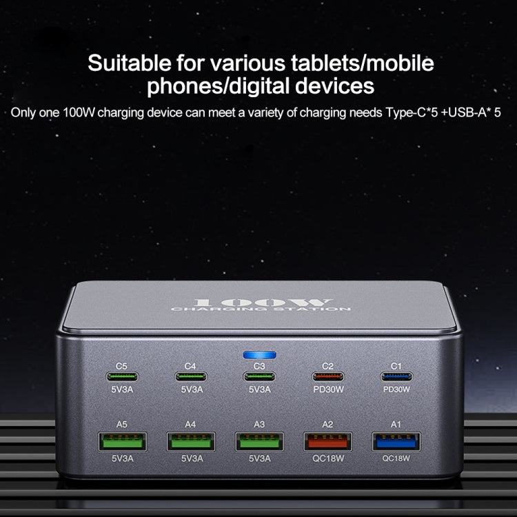 HW33 100W Type-C + USB 10-Port Desktop Fast Charger, US Plug, UK Plug, EU Plug, AU Plug