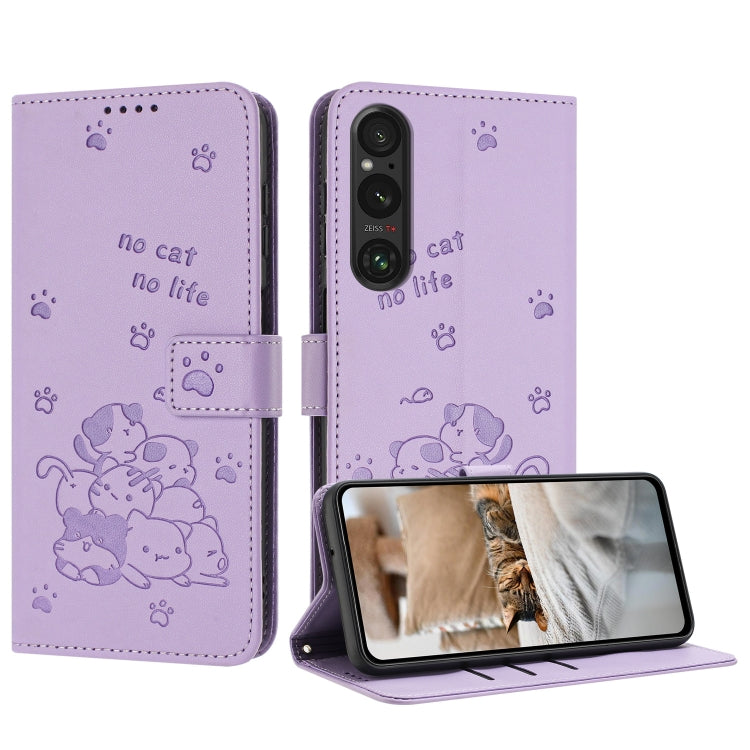 Embossed Kitten Phone Leather Case with Lanyard, For Sony Xperia 10 VI, For Sony Xperia 1 VI, For Sony Xperia 5 VI, For Sony Xperia 5 V, For Sony Xperia 1 V 2023