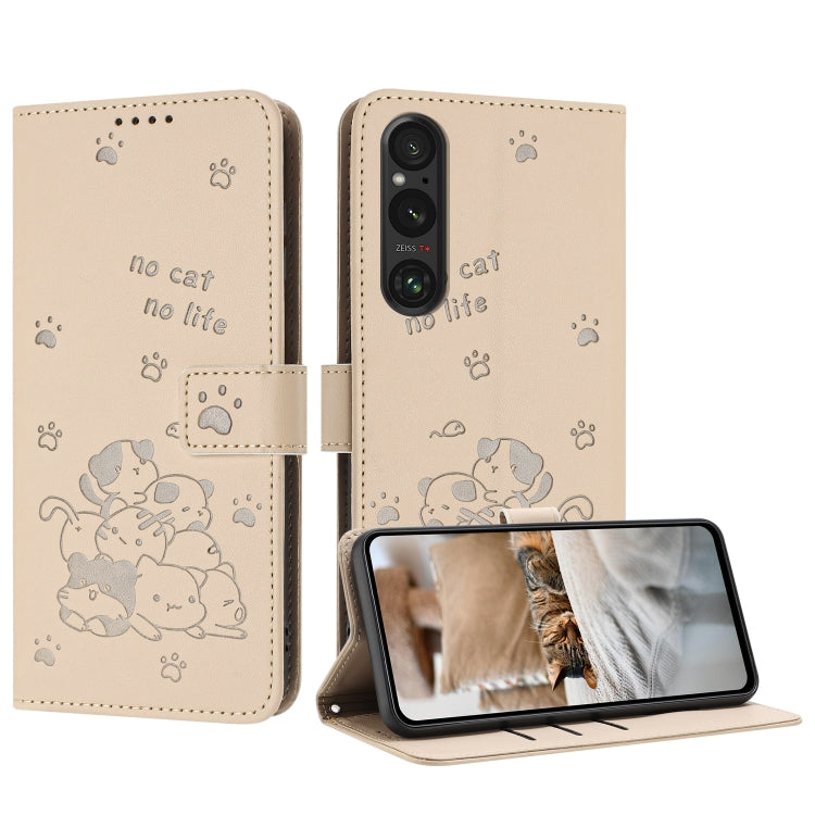 Embossed Kitten Phone Leather Case with Lanyard, For Sony Xperia 10 VI, For Sony Xperia 1 VI, For Sony Xperia 5 VI, For Sony Xperia 5 V, For Sony Xperia 1 V 2023