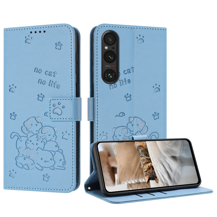 Embossed Kitten Phone Leather Case with Lanyard, For Sony Xperia 10 VI, For Sony Xperia 1 VI, For Sony Xperia 5 VI, For Sony Xperia 5 V, For Sony Xperia 1 V 2023