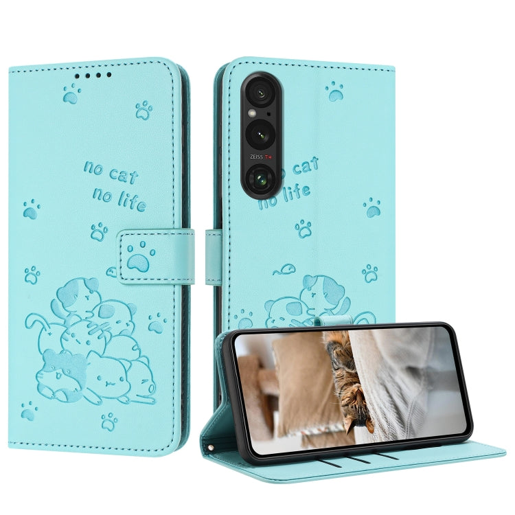 Embossed Kitten Phone Leather Case with Lanyard, For Sony Xperia 10 VI, For Sony Xperia 1 VI, For Sony Xperia 5 VI, For Sony Xperia 5 V, For Sony Xperia 1 V 2023