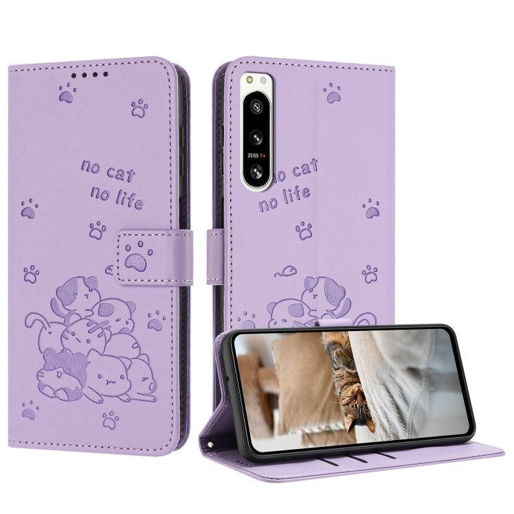 Embossed Kitten Phone Leather Case with Lanyard, For Sony Xperia 10 V 2023, For Sony Xperia 5 IV, For Sony Xperia 1 IV, For Sony Xperia 10 IV