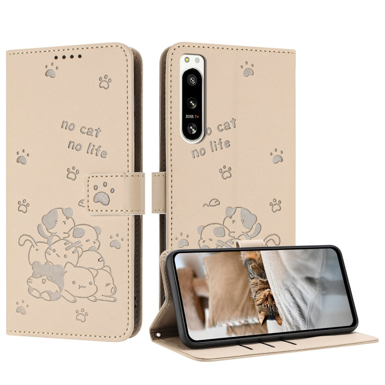 Embossed Kitten Phone Leather Case with Lanyard, For Sony Xperia 10 V 2023, For Sony Xperia 5 IV, For Sony Xperia 1 IV, For Sony Xperia 10 IV