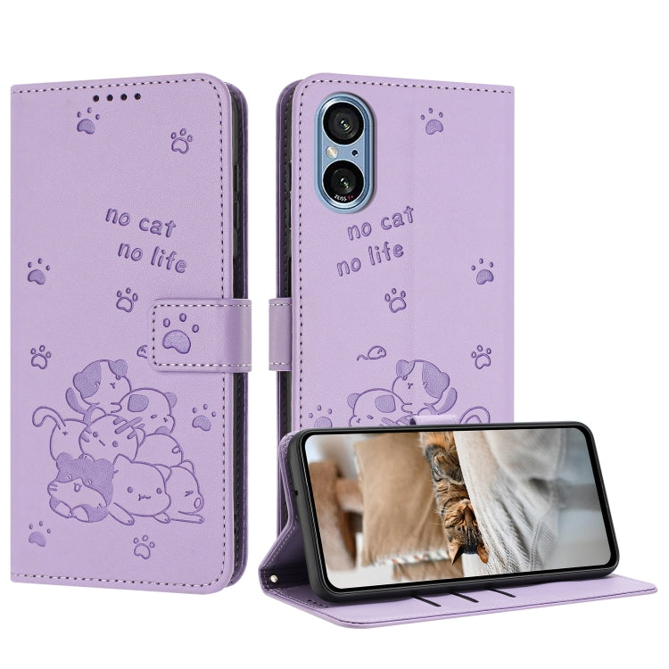 Embossed Kitten Phone Leather Case with Lanyard, For Sony Xperia 10 VI, For Sony Xperia 1 VI, For Sony Xperia 5 VI, For Sony Xperia 5 V, For Sony Xperia 1 V 2023