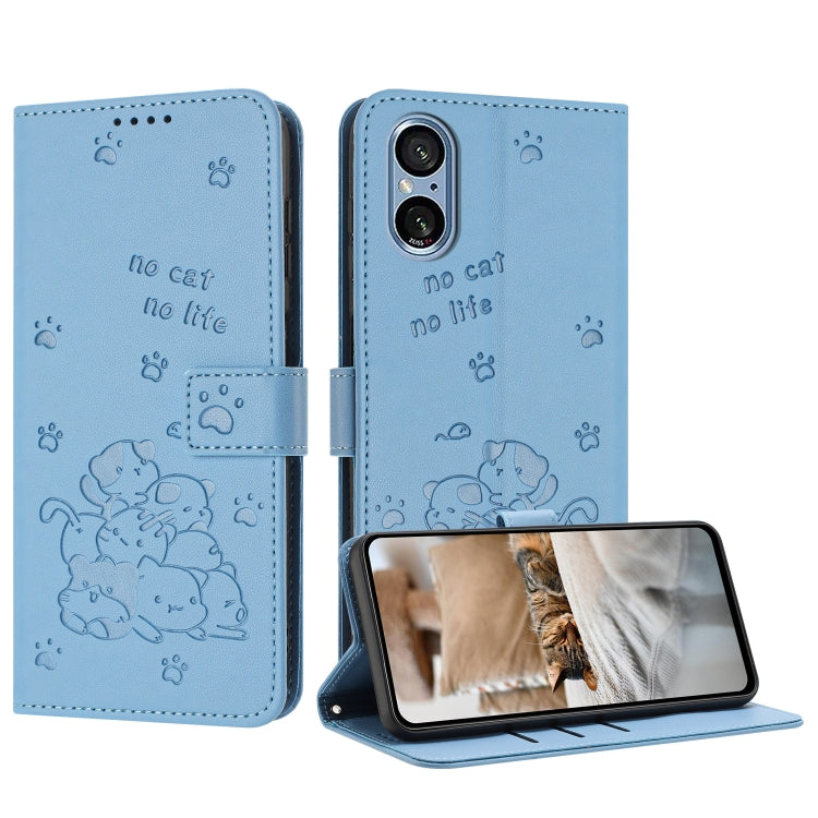 Embossed Kitten Phone Leather Case with Lanyard, For Sony Xperia 10 VI, For Sony Xperia 1 VI, For Sony Xperia 5 VI, For Sony Xperia 5 V, For Sony Xperia 1 V 2023