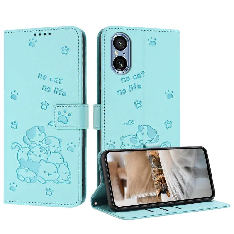 Embossed Kitten Phone Leather Case with Lanyard, For Sony Xperia 10 VI, For Sony Xperia 1 VI, For Sony Xperia 5 VI, For Sony Xperia 5 V, For Sony Xperia 1 V 2023