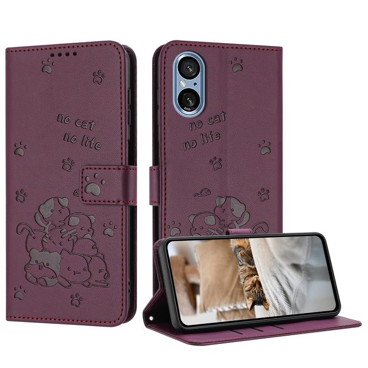 Embossed Kitten Phone Leather Case with Lanyard, For Sony Xperia 10 VI, For Sony Xperia 1 VI, For Sony Xperia 5 VI, For Sony Xperia 5 V, For Sony Xperia 1 V 2023