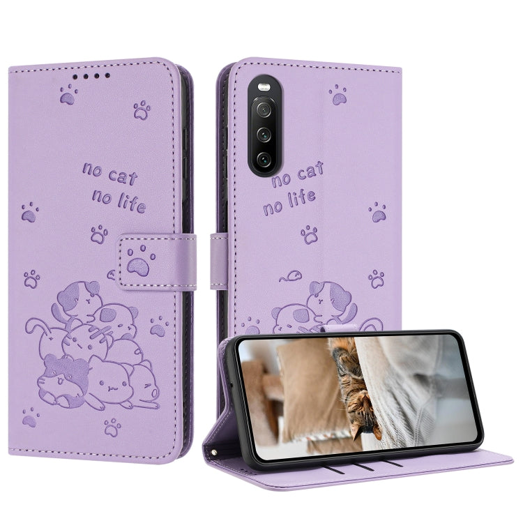 Embossed Kitten Phone Leather Case with Lanyard, For Sony Xperia 10 V 2023, For Sony Xperia 5 IV, For Sony Xperia 1 IV, For Sony Xperia 10 IV