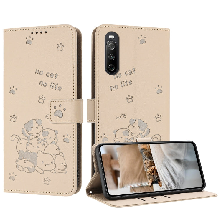 Embossed Kitten Phone Leather Case with Lanyard, For Sony Xperia 10 V 2023, For Sony Xperia 5 IV, For Sony Xperia 1 IV, For Sony Xperia 10 IV