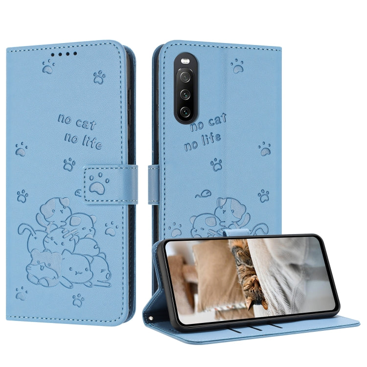 Embossed Kitten Phone Leather Case with Lanyard, For Sony Xperia 10 V 2023, For Sony Xperia 5 IV, For Sony Xperia 1 IV, For Sony Xperia 10 IV