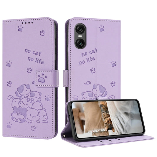 Embossed Kitten Phone Leather Case with Lanyard, For Sony Xperia 10 VI, For Sony Xperia 1 VI, For Sony Xperia 5 VI, For Sony Xperia 5 V, For Sony Xperia 1 V 2023