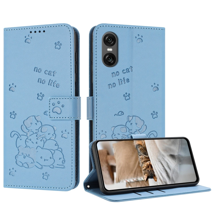 Embossed Kitten Phone Leather Case with Lanyard, For Sony Xperia 10 VI, For Sony Xperia 1 VI, For Sony Xperia 5 VI, For Sony Xperia 5 V, For Sony Xperia 1 V 2023