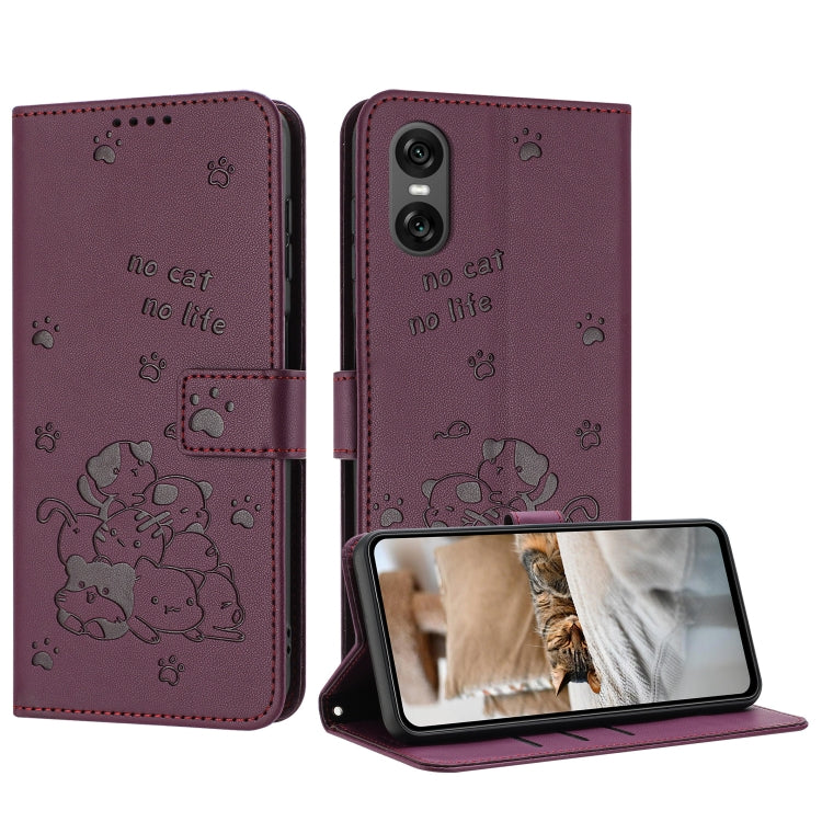 Embossed Kitten Phone Leather Case with Lanyard, For Sony Xperia 10 VI, For Sony Xperia 1 VI, For Sony Xperia 5 VI, For Sony Xperia 5 V, For Sony Xperia 1 V 2023