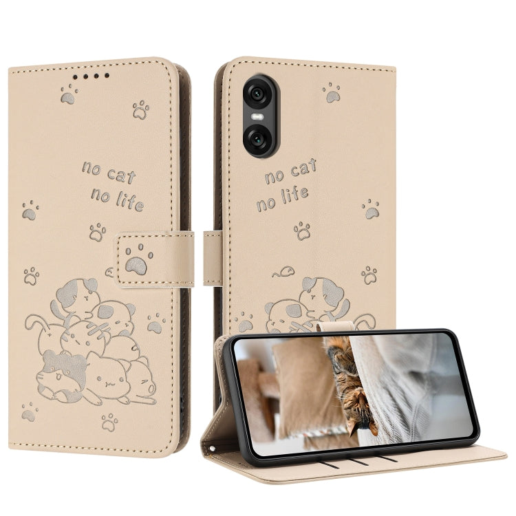 Embossed Kitten Phone Leather Case with Lanyard, For Sony Xperia 10 VI, For Sony Xperia 1 VI, For Sony Xperia 5 VI, For Sony Xperia 5 V, For Sony Xperia 1 V 2023