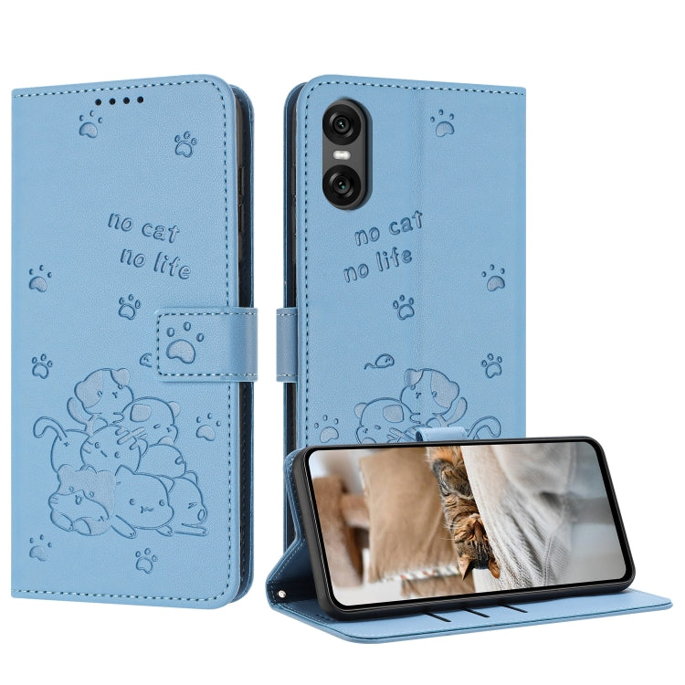 Embossed Kitten Phone Leather Case with Lanyard, For Sony Xperia 10 VI, For Sony Xperia 1 VI, For Sony Xperia 5 VI, For Sony Xperia 5 V, For Sony Xperia 1 V 2023