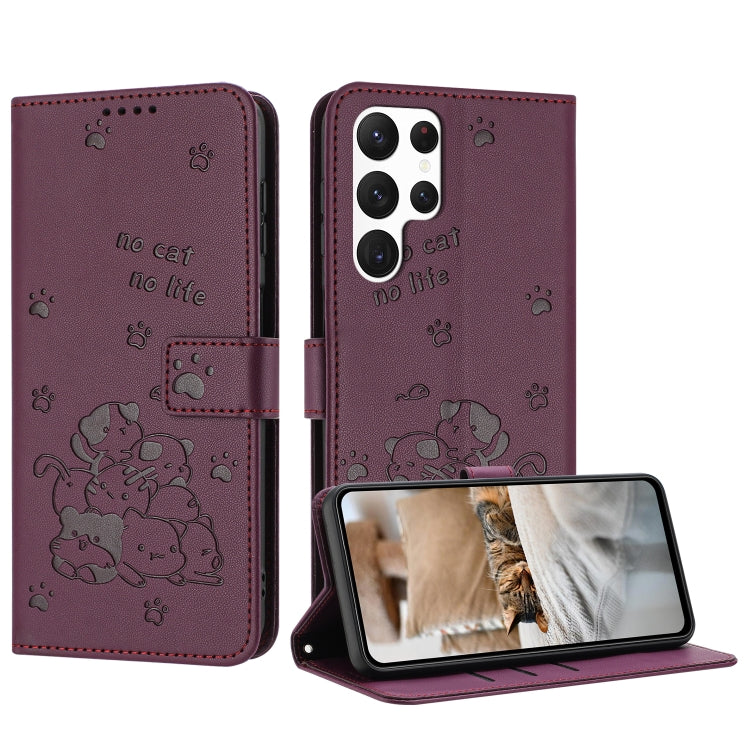 Embossed Kitten Phone Leather Case with Lanyard, For Samsung Galaxy S25 / S24 5G, For Samsung Galaxy S25+ / S24+ 5G, For Samsung Galaxy S25 Ultra 5G, For Samsung Galaxy S24 FE 5G, For Samsung Galaxy S24 Ultra 5G