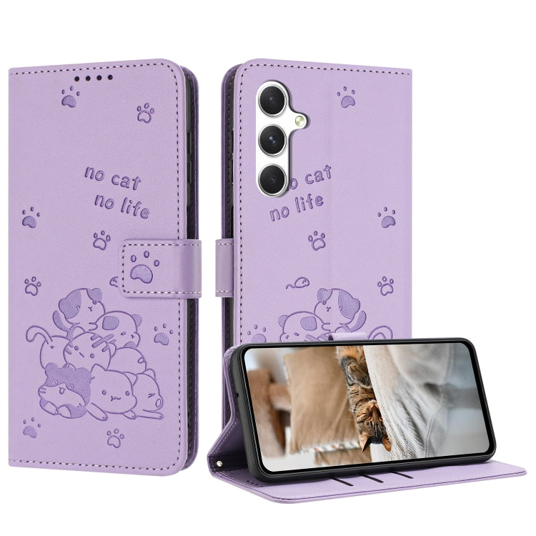 Embossed Kitten Phone Leather Case with Lanyard, For Samsung Galaxy S25 / S24 5G, For Samsung Galaxy S25+ / S24+ 5G, For Samsung Galaxy S25 Ultra 5G, For Samsung Galaxy S24 FE 5G, For Samsung Galaxy S24 Ultra 5G