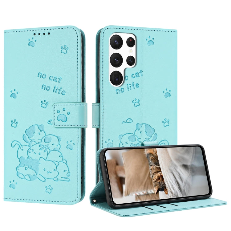 Embossed Kitten Phone Leather Case with Lanyard, For Samsung Galaxy S23 FE 5G, For Samsung Galaxy S23 Ultra 5G, For Samsung Galaxy S23+ 5G, For Samsung Galaxy S23 5G, For Samsung Galaxy S22 Ultra 5G