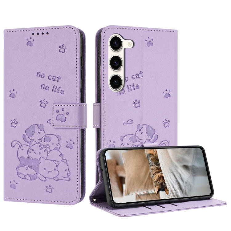 Embossed Kitten Phone Leather Case with Lanyard, For Samsung Galaxy S23 FE 5G, For Samsung Galaxy S23 Ultra 5G, For Samsung Galaxy S23+ 5G, For Samsung Galaxy S23 5G, For Samsung Galaxy S22 Ultra 5G