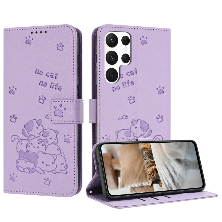 Embossed Kitten Phone Leather Case with Lanyard, For Samsung Galaxy S23 FE 5G, For Samsung Galaxy S23 Ultra 5G, For Samsung Galaxy S23+ 5G, For Samsung Galaxy S23 5G, For Samsung Galaxy S22 Ultra 5G