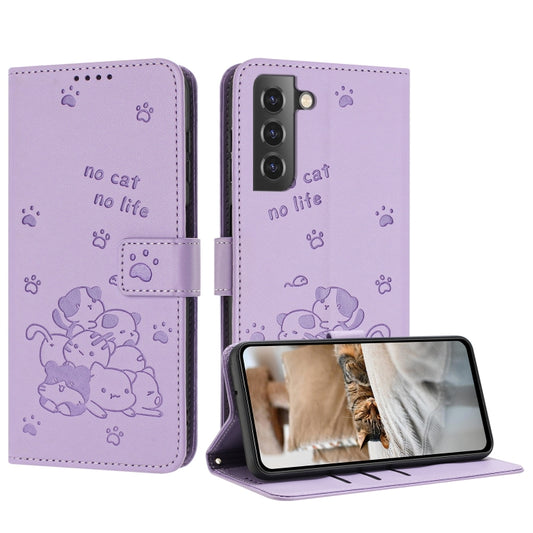 Embossed Kitten Phone Leather Case with Lanyard, For Samsung Galaxy S22+ 5G, For Samsung Galaxy S22 5G, For Samsung Galaxy S21 FE 5G, For Samsung Galaxy S21 5G, For Samsung Galaxy S21+ 5G