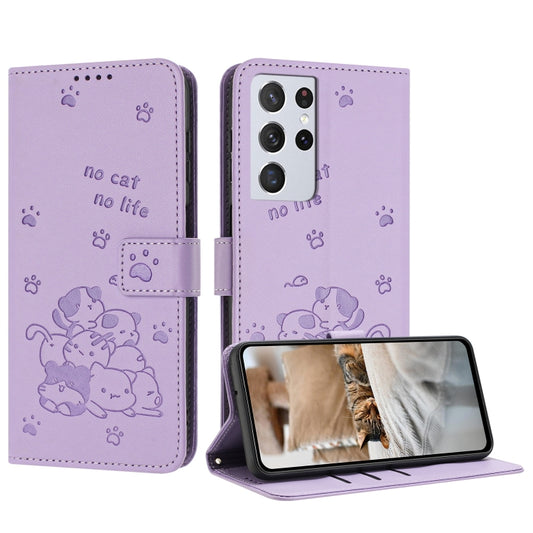 Embossed Kitten Phone Leather Case with Lanyard, For Samsung Galaxy S21 Ultra 5G