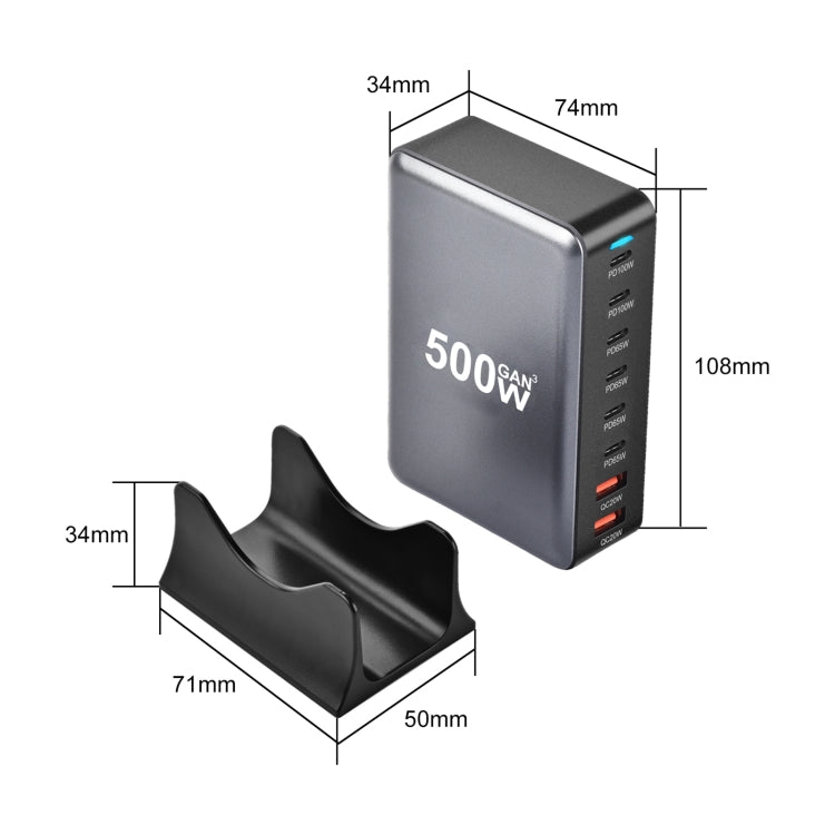 500W GaN 6 Type-C 2 USB Multi Ports Sharing Desktop Charger, US Plug, EU Plug, UK Plug, AU Plug