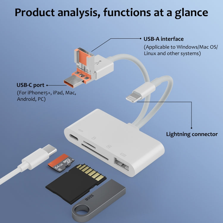 NK-108TL Pro USB-C / Type-C, 8 Pin, USB to USB-C / Type-C, USB, TF, SD Card Multi-function Card Reader Adapter, NK-108TL Pro