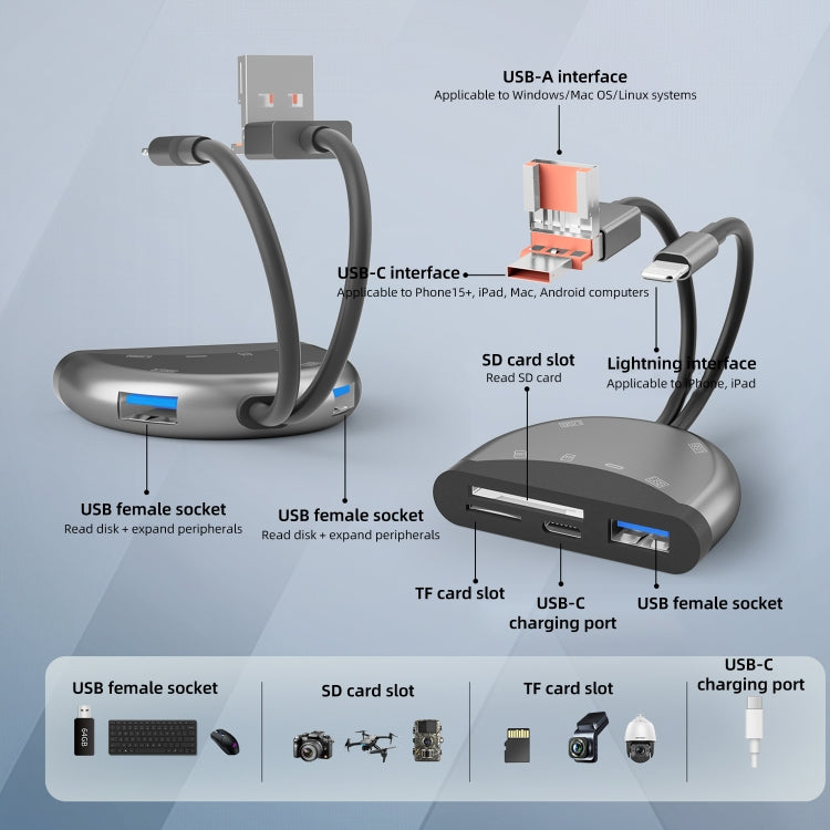 NK-1052TL Pro USB-C / Type-C, 8 Pin, USB to USB-C / Type-C, 3 x USB, TF / SD Card Multi-function Adapter, NK-1052TL Pro