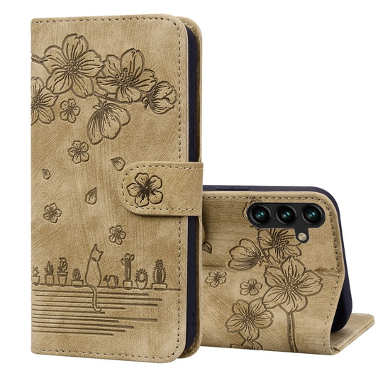 Cartoon Sakura Cat Embossed Leather Phone Case, For Samsung Galaxy S24+ 5G, For Samsung Galaxy S24 5G, For Samsung Galaxy S23 FE 5G, For Samsung Galaxy S23 Ultra 5G