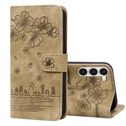Cartoon Sakura Cat Embossed Leather Phone Case, For Samsung Galaxy S23+ 5G, For Samsung Galaxy S23 5G