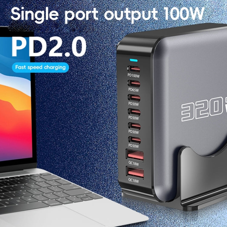 320W GaN 6 Type-C 2 USB Multi Ports Sharing Desktop Charger, US Plug, EU Plug, UK Plug, AU Plug