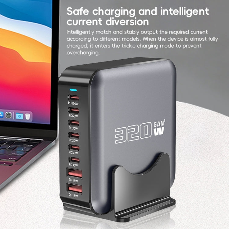 320W GaN 6 Type-C 2 USB Multi Ports Sharing Desktop Charger, US Plug, EU Plug, UK Plug, AU Plug