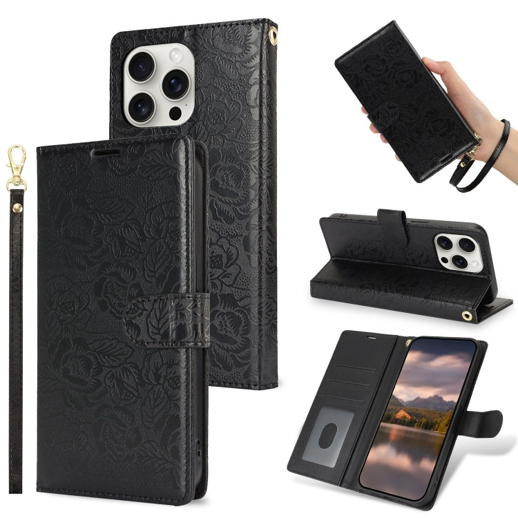 Peony Flowers Imprint Leather Phone Case, For iPhone 15 Pro Max, For iPhone 15 Pro, For iPhone 15 Plus, For iPhone 15