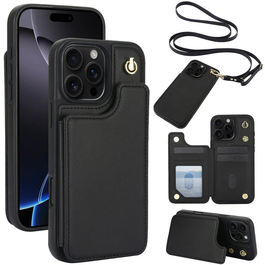 Crossbody Dual-Buckle Wallet Back Leather Phone Case, For iPhone 16 Pro Max, For iPhone 16 Pro, For iPhone 16 Plus, For iPhone 16