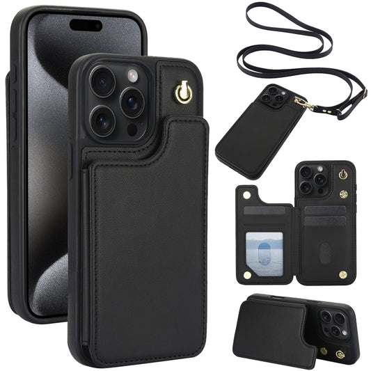 Crossbody Dual-Buckle Wallet Back Leather Phone Case, For iPhone 15 Pro Max, For iPhone 15 Pro, For iPhone 15 Plus, For iPhone 15
