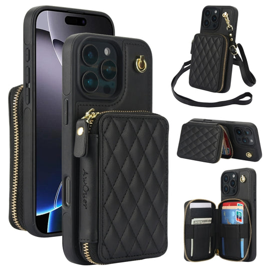 AwQuer Crossbody Zipper Wallet Rhombic Leather Back Phone Case, For iPhone 16 Pro Max, For iPhone 16 Pro, For iPhone 16 Plus