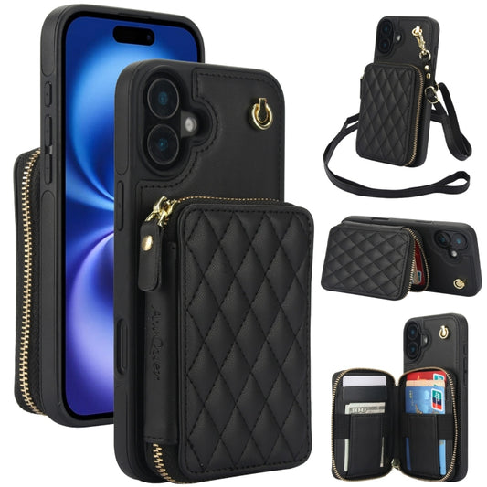 AwQuer Crossbody Zipper Wallet Rhombic Leather Back Phone Case, For iPhone 16, For iPhone 15 Pro Max, For iPhone 15 Pro