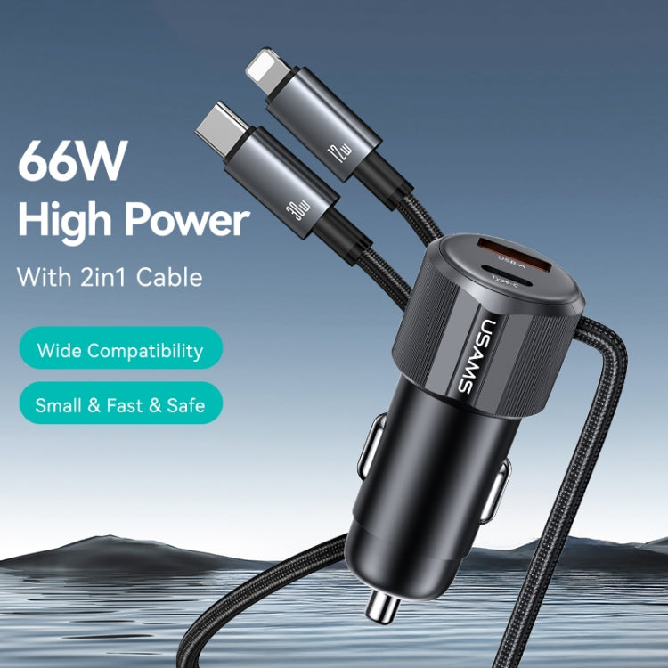 USAMS CC287 YT Series 66W USB and Type-C Dual Ports Car Fast Charger with 2 in 1 Cable, CC287