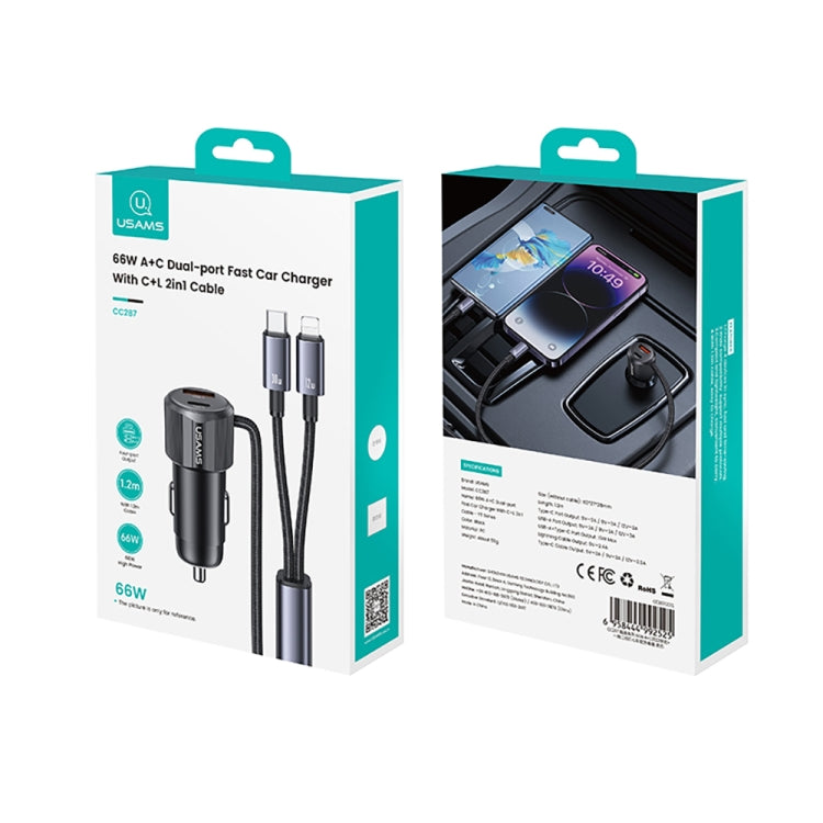 USAMS CC287 YT Series 66W USB and Type-C Dual Ports Car Fast Charger with 2 in 1 Cable, CC287