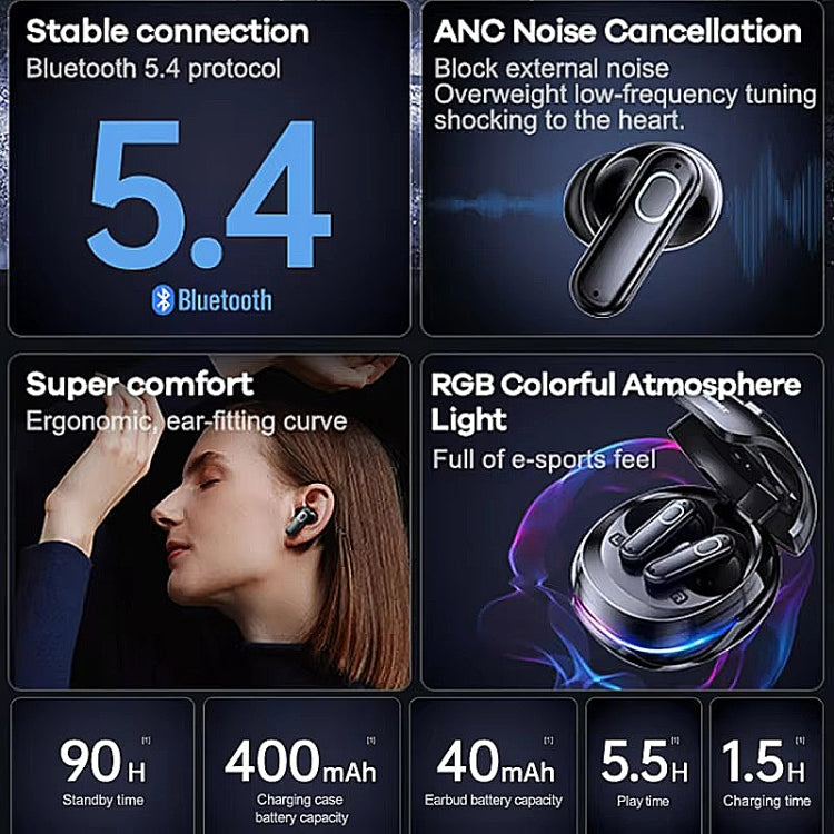 REMAX GameBuds G9 ANC Noise Reduction Gaming Wireless Bluetooth Earphones, Gamebuds G9  Black, Gamebuds G9  Silver