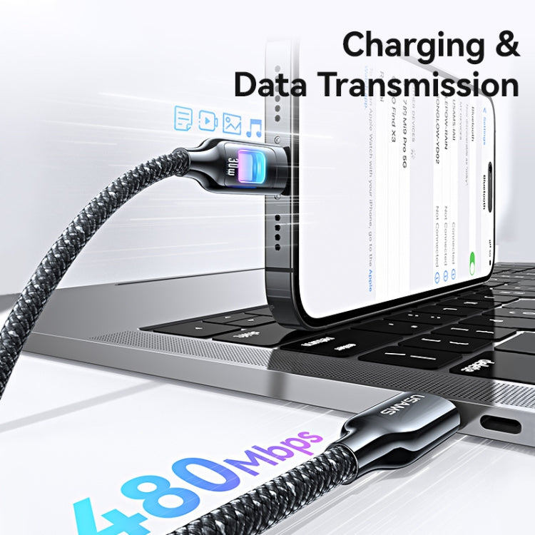 USAMS SJ749 30W Type-C / USB-C to 8 Pin Zinc Alloy Data Cable with Colorful Light, Type-C to 8 Pin