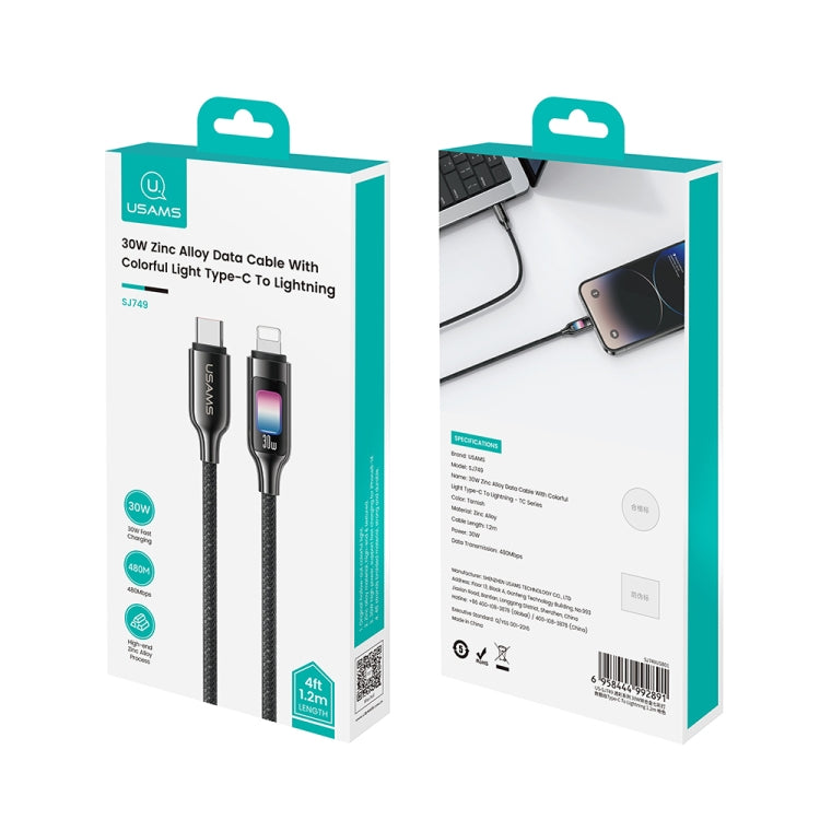 USAMS SJ749 30W Type-C / USB-C to 8 Pin Zinc Alloy Data Cable with Colorful Light, Type-C to 8 Pin