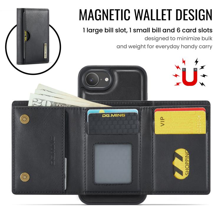 DG.MING M6 Series RFID Tri-fold Card Bag Removable Leather Phone Case, For iPhone 16e, For iPhone 16 Pro Max, For iPhone 16 Pro, For iPhone 16 Plus