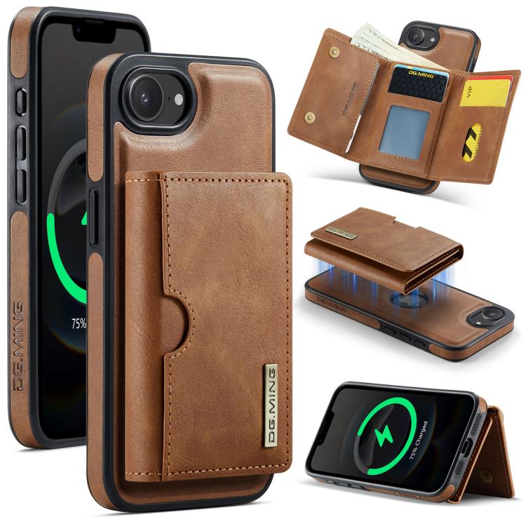 DG.MING M6 Series RFID Tri-fold Card Bag Removable Leather Phone Case, For iPhone 16e, For iPhone 16 Pro Max, For iPhone 16 Pro, For iPhone 16 Plus